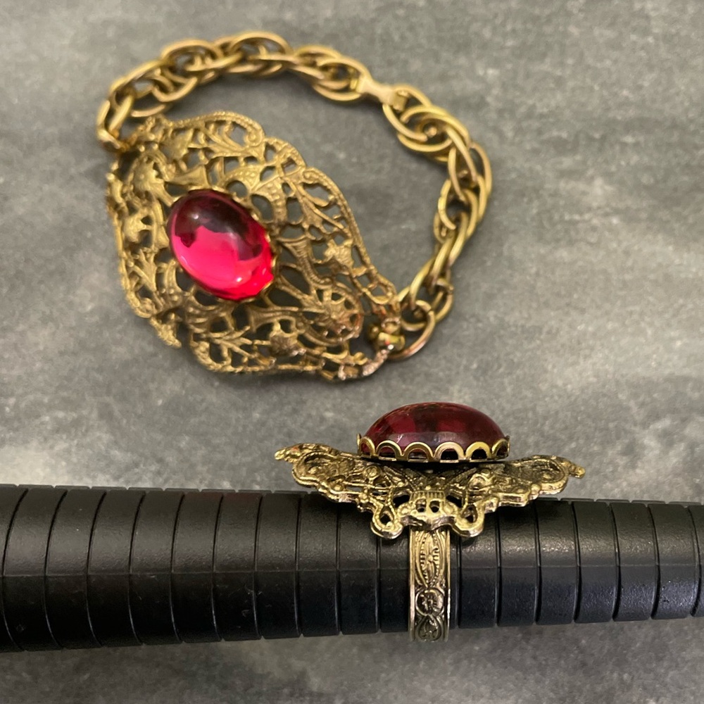 Vintage West Germany Gold Filigree Bracelet Red Glass Ring Set - Picture 11 of 16